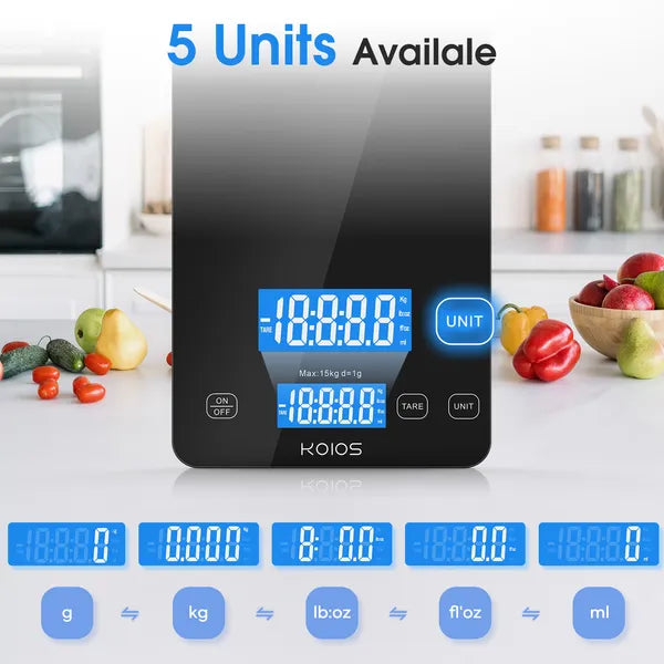 KOIOS Küchenwaage, 15 kg/33 lbs Digitale Küchenwaage für Kochen und Backen, 1g/0,1oz Präzise Teilung, Typ-C-Ladefunktion, Tara-Funktion, AAA-Batterie enthalten (Schwarz)