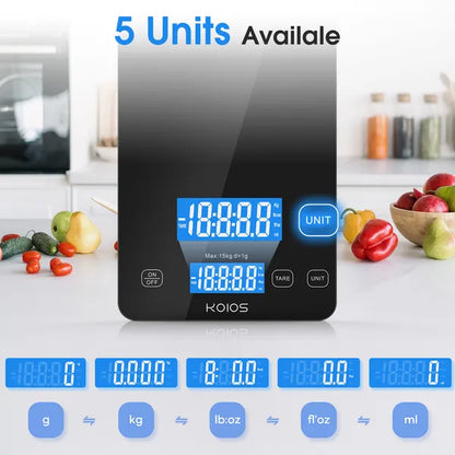 KOIOS Küchenwaage, 15 kg/33 lbs Digitale Küchenwaage für Kochen und Backen, 1g/0,1oz Präzise Teilung, Typ-C-Ladefunktion, Tara-Funktion, AAA-Batterie enthalten (Schwarz)